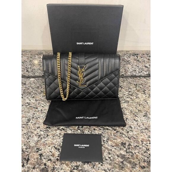Saint Laurent Envelope Triquilt YSL Wallet on Chain in Grained Leather 347957 JB - Picture 1 of 9